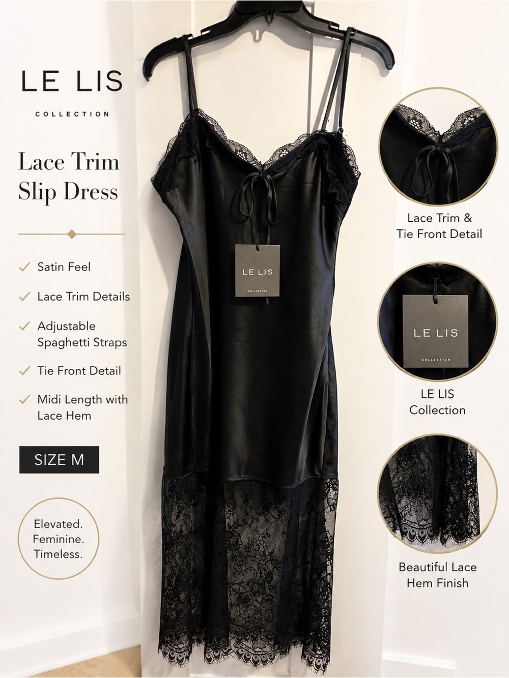 Le Lis Black Satin eyelash Lace-Trim Slip midi Dress